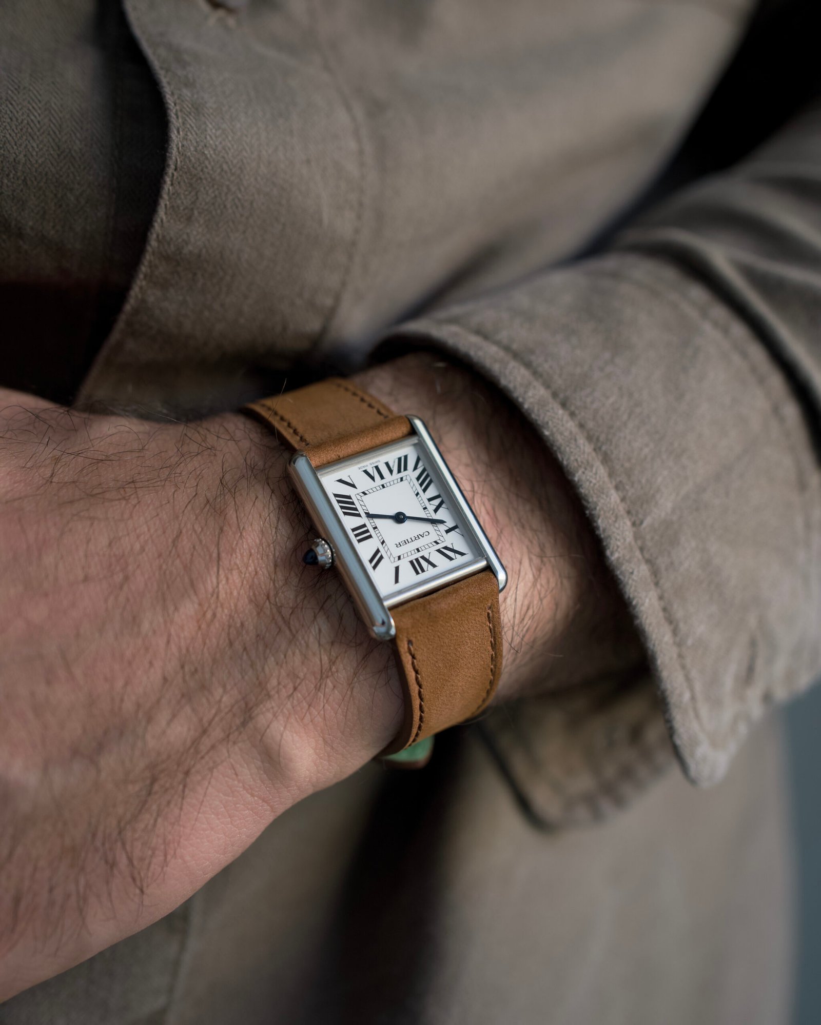 Cartier Tank Must Large con Centurion in Pelle Scamosciata Marrone Chiaro "Roma"